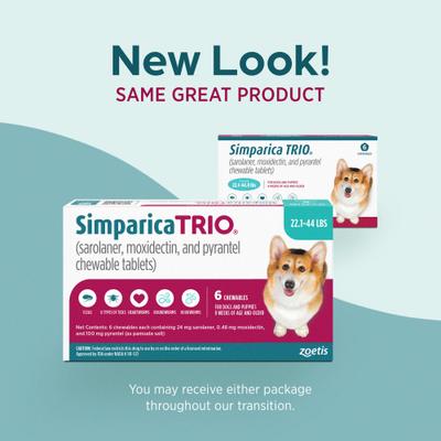 Show full view: Simparica Trio Chewable Tablet for Dogs, 22.1-44.0 lbs, (Teal Box), 6 Chewable Tablets (6-mos. supply) slide 9 of 13