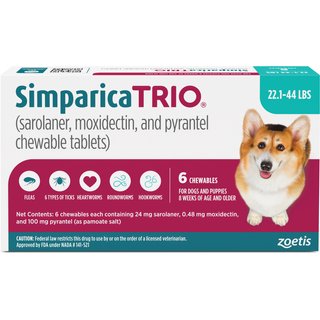 Simparica Trio Chewable Tablet for Dogs, 22.1-44.0 lbs, (Teal Box), 6 Chewable Tablets (6-mos. supply) slide 1 of 9