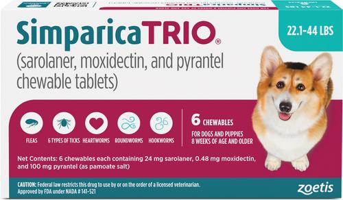 Simparica Trio Chewable Tablet for Dogs, 22.1-44.0 lbs, (Teal Box)