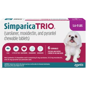 Simparica Trio Chewable Tablet for Dogs, 5.6-11.0 lbs, (Purple Box), 6 Chewable Tablets (6-mos. supply)