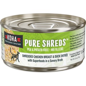 KOHA Pure Shreds Chicken Breast & Duck Entrée Grain-Free Wet Cat Food, 2.8-oz can, case of 24
