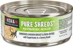KOHA Pure Shreds Chicken Breast & Duck Entrée Grain-Free Wet Cat Food, 5.5-oz can, case of 12 slide 1 of 6