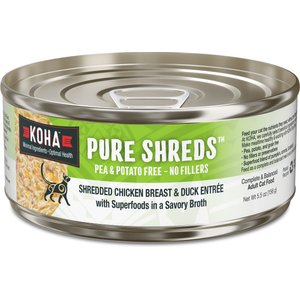 KOHA Pure Shreds Chicken Breast & Duck Entrée Grain-Free Wet Cat Food, 5.5-oz can, case of 12