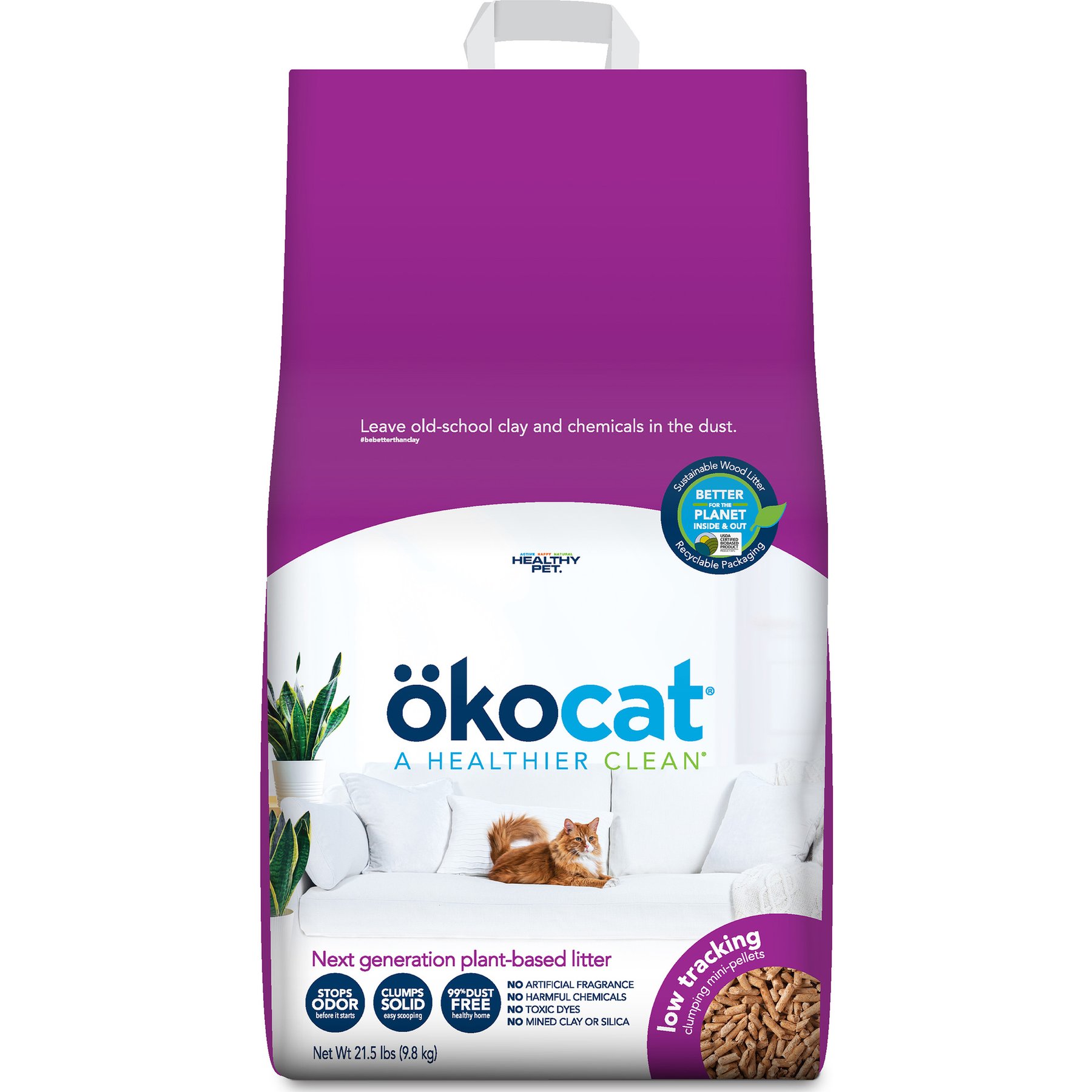Okocat Mini Pellets Unscented Low Tracking Clumping Wood Cat Litter, 21.5-lb bag