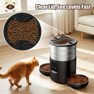 Show full view: Casfuy WiFi Timed Dry Food Dispenser Stainless Steel Automatic Two Bowl Cat Feeder, 5-L slide 7 of 8