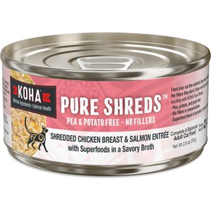 KOHA Pure Shreds Chicken & Salmon Entrée Grain-Free Wet Cat Food, 2.8-oz can, case of 24