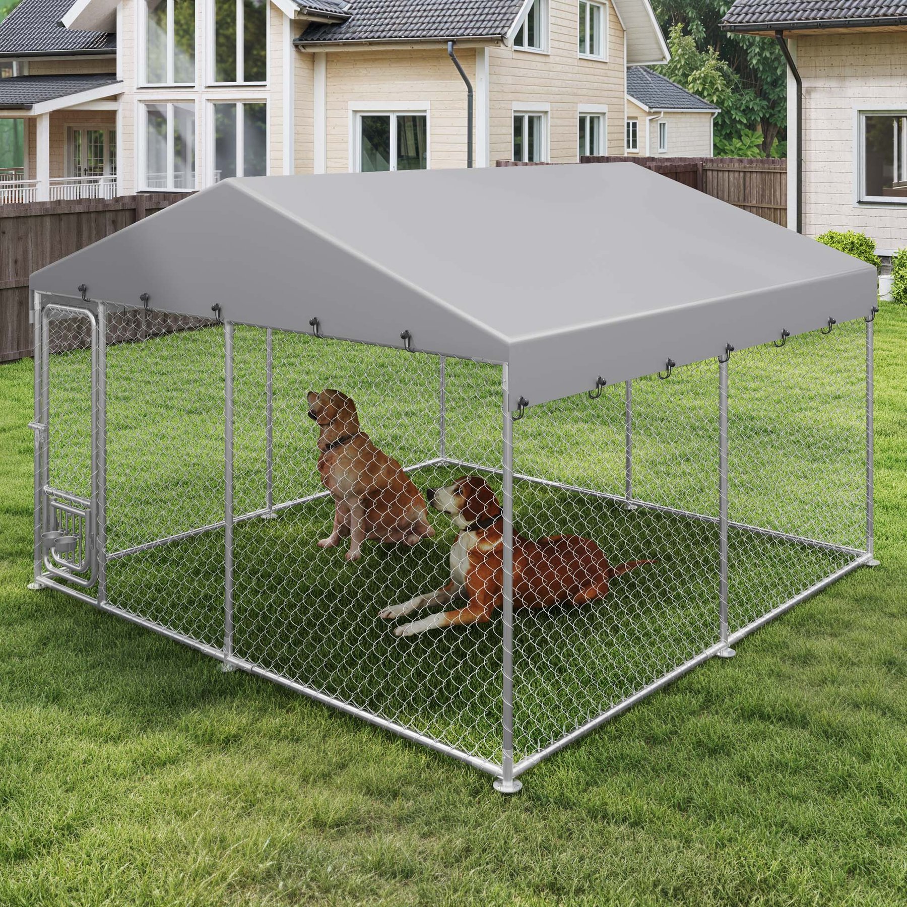 Wooflex Outdoor Metal Weatherproof Canopy Security Lock & Adjustable Feeding Bowls Dog Kennel, 10 x 10-ft