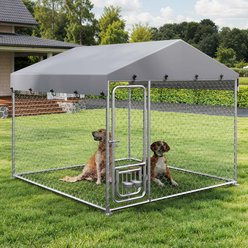 Wooflex Outdoor Metal Weatherproof Canopy Security Lock & Adjustable Feeding Bowls Dog Kennel, 7.5 x 7.5-ft