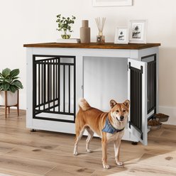 Wooflex Furniture Style Dog Crate with Adjustable Feet & Removable Bowls, White, 40 inch