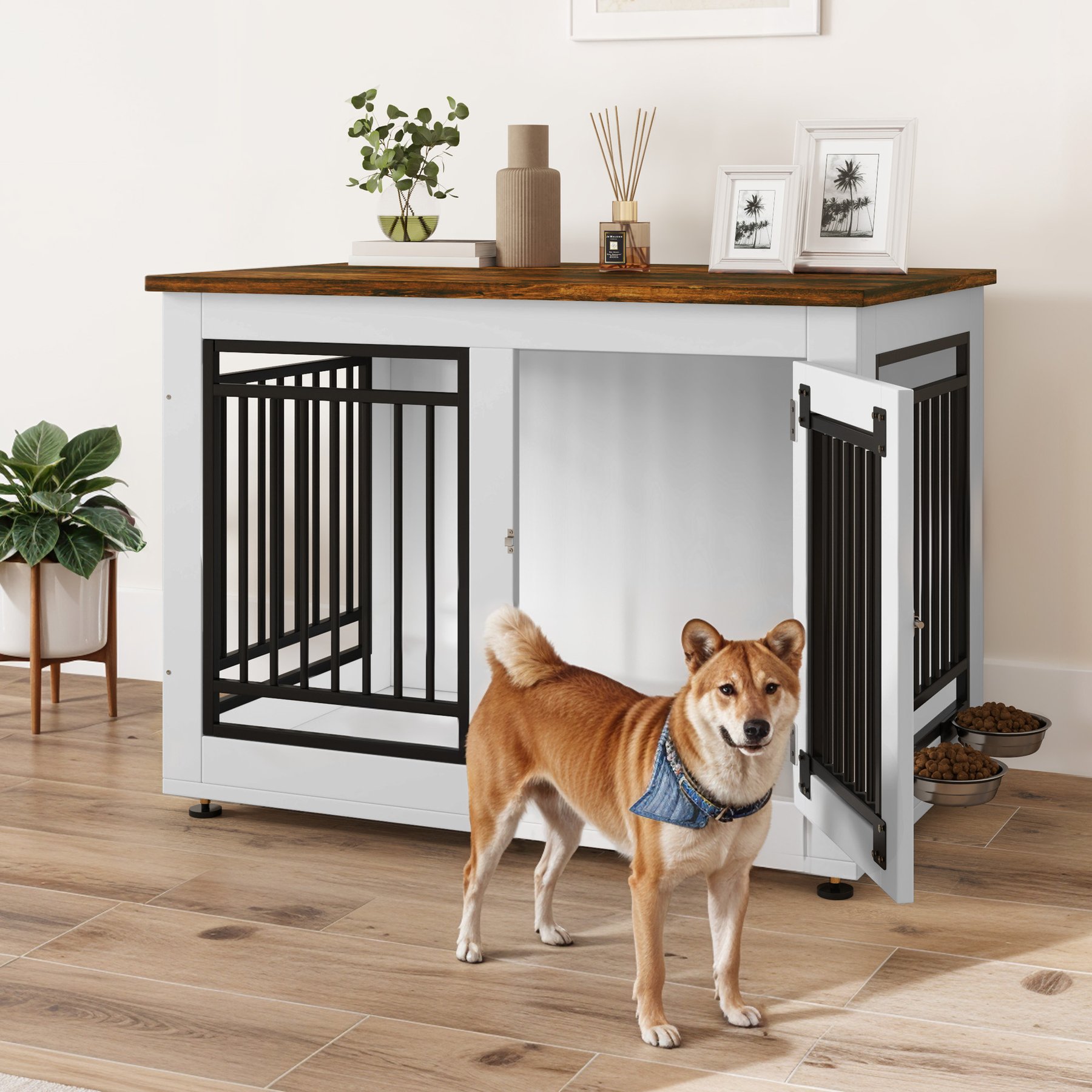 Wooflex Furniture Style Dog Crate with Adjustable Feet & Removable Bowls, White, 40 inch