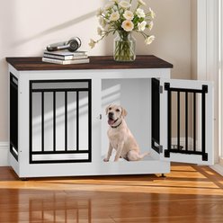 Wooflex Furniture Style Dog Crate with Adjustable Feet & Removable Bowls, White, 28 inch