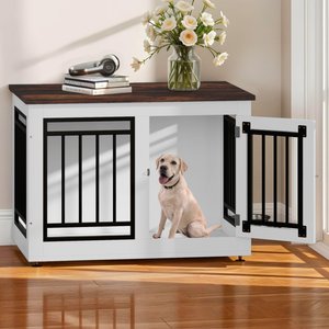 Wooflex Furniture Style Dog Crate with Adjustable Feet & Removable Bowls