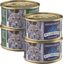Blue Buffalo Wilderness Pate Variety Pack Duck, Chicken & Salmon Grain-Free Cat Canned Food, 3-oz can, case of 4