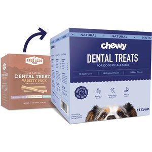 Chewy Natural Dental Chew Sticks Variety Pack, Original, Beef, & Mint Flavor (FORMERLY TRUE ACRE FOODS), 51 count