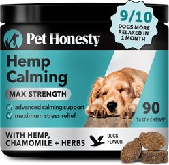 Pet Honesty Hemp Calming Max-Strength Duck Flavored Melatonin, Ashwaganda & L-Theanine Chews Calming & Anxiety Supplement for Dogs, 90-count