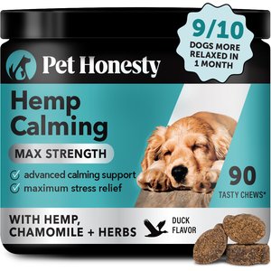 Pet Honesty Hemp Calming Max-Strength Duck Flavored Melatonin, Ashwaganda & L-Theanine Chews Calming & Anxiety Supplement for Dogs, 90-count