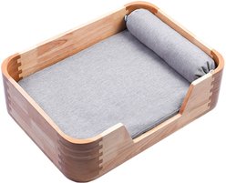 Fairela Solid Wood Furniture Style Sofa Dog & Cat Bed with Removable Cover & Linen Cushion, Natural/Beige, Medium