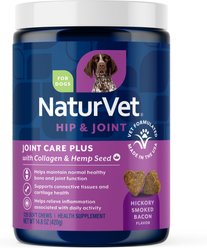 NaturVet Joint Care Plus with Hemp Hip & Joint Hickory Smoked Bacon Flavored Soft Chew Supplement for Dogs, 120 count