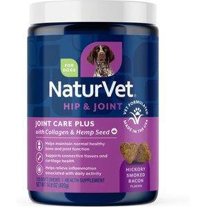 NaturVet Joint Care Plus with Hemp Hip & Joint Hickory Smoked Bacon Flavored Soft Chew Supplement for Dogs, 120 count