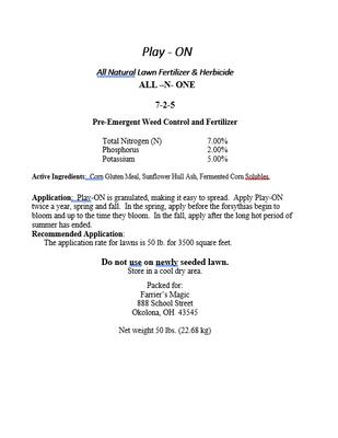 Show full view: Farrier's Magic Play-ON All-In-One Natural Lawn Fertilizer, 50-lb bag slide 3 of 5