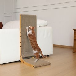 FUKUMARU Indoor L-Shape Wall Mounted Cat Toy Scratcher with Ball. Brown