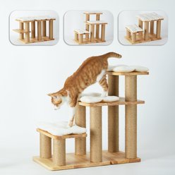 FUKUMARU 2-in-1 Wooden Dog & Cat Stairs with Scratching Post, Brown, Large