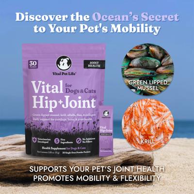 Show full view: Vital Pet Life Green Lipped Mussel & Krill Powder Mobility, Hip & Joint Supplement for Dogs & Cats, 30 count slide 3 of 10
