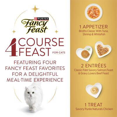 Show full view: Fancy Feast Four Course Adult Chicken, Beef, Salmon & Tuna Variety Pack Pate Wet Cat Food, 7.75-oz box slide 3 of 9