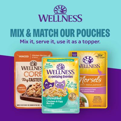 Show full view: Wellness Appetizing Entrees Chicken & Duck Natural Grain-Free Shredded Wet Cat Food, 1.4-oz pouch, case of 8 slide 9 of 12