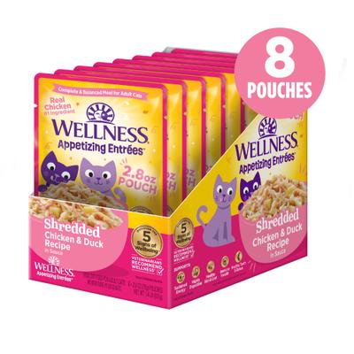 Show full view: Wellness Appetizing Entrees Chicken & Duck Natural Grain-Free Shredded Wet Cat Food, 2.8-oz pouch, case of 8 slide 3 of 12