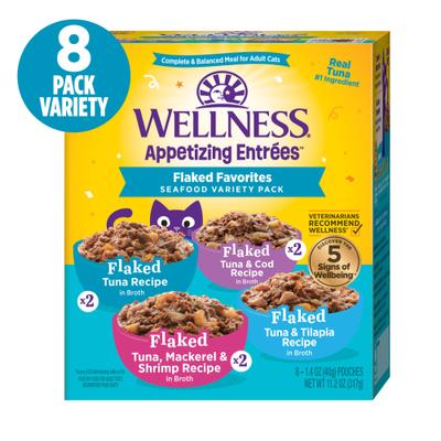 Show full view: Wellness Appetizing Entrees Seafood Variety Pack Natural Grain-Free Flaked Wet Cat Food, 1.4-oz pouch, case of 8 slide 3 of 12