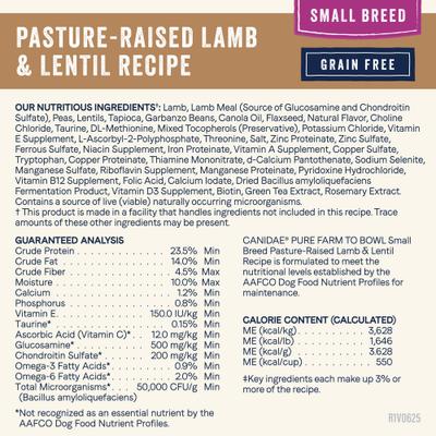 Show full view: CANIDAE Pure Farm To Bowl Small Breed Pasture-Raised Lamb & Lentil Recipe Dry Dog Food, 4-lb bag slide 6 of 12