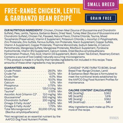 Show full view: CANIDAE Pure Farm To Bowl Small Breed Free-Range Chicken, Lentil & Garbanzo Bean Recipe Dry Dog Food, 4-lb bag slide 6 of 12