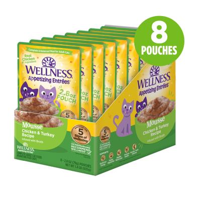 Show full view: Wellness Appetizing Entrees Chicken & Turkey Mousse Wet Cat Food, 2.8-oz pouch, case of 8 slide 3 of 11