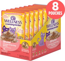 Wellness Appetizing Entrees Mousse Chicken & Herring Natural Grain-Free Wet Cat Food, 2.8-oz pouch, case of 8 slide 2 of 9