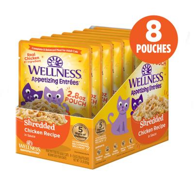 Show full view: Wellness Appetizing Entrees Shredded Chicken Recipe in Sauce Natural Wet Cat Food, 2.8-oz pouch, case of 8 slide 3 of 12