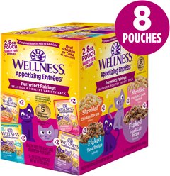 Wellness Appetizing Entrees Shredded & Flaked Seafood & Poultry Variety Pack Natural Grain-Free Wet Cat Food, 2.8-oz pouch, case of 8 slide 2 of 9