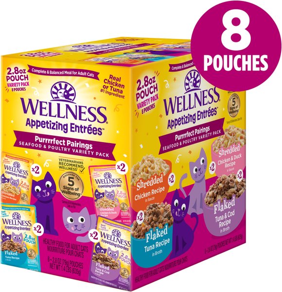 Show full view: Wellness Appetizing Entrees Shredded & Flaked, Seafood & Poultry Variety Pack, Natural Wet Cat Food, 2.8-oz pouch, case of 8 slide 3 of 12