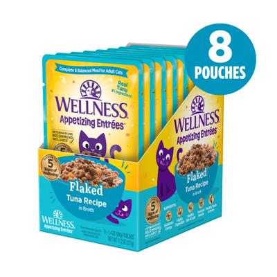 Show full view: Wellness Appetizing Entrees Flaked Tuna Recipe in Broth Natural Wet Cat Food, 1.4-oz pouch, case of 8 slide 3 of 12