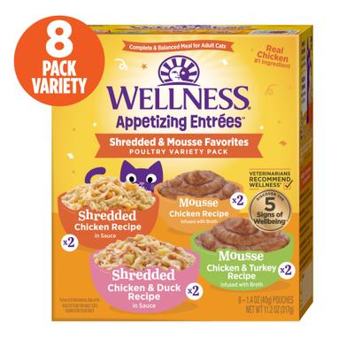 Show full view: Wellness Appetizing Entrees Shredded Poultry Variety Pack Natural Grain-Free Mousse Wet Cat Food, 1.4-oz pouch, case of 8 slide 3 of 12