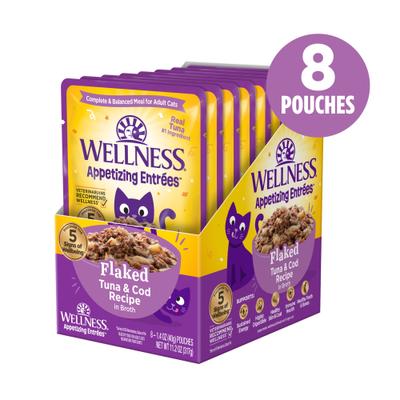 Show full view: Wellness Appetizing Entrees Tuna & Cod Natural Grain-Free Flaked Wet Cat Food, 1.4-oz pouch, case of 8 slide 3 of 12
