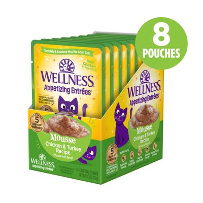 Show full view: Wellness Appetizing Entrees Infused Chicken & Turkey Broth Natural Grain-Free Mousse Wet Cat Food, 1.4-oz pouch, case of 8 slide 3 of 12