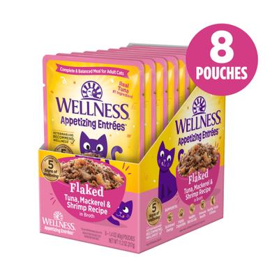 Show full view: Wellness Appetizing Entrees Tuna, Mackerel & Shrimp Natural Grain-Free Wet Cat Food, 1.4-oz pouch, case of 8 slide 3 of 12