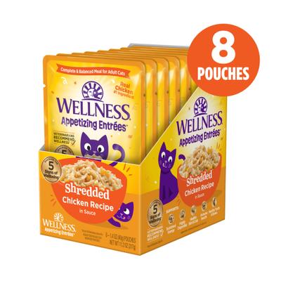Show full view: Wellness Appetizing Entrees Shredded Chicken Recipe in Sauce Natural Wet Cat Food, 1.4-oz pouch, case of 8 slide 3 of 12