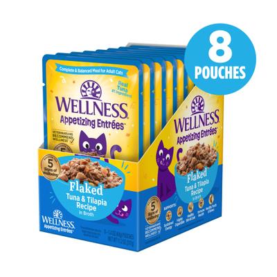 Show full view: Wellness Appetizing Entrees Tuna & Tilapia Natural Grain-Free Flaked Wet Cat Food, 1.4-oz pouch, case of 8 slide 3 of 12