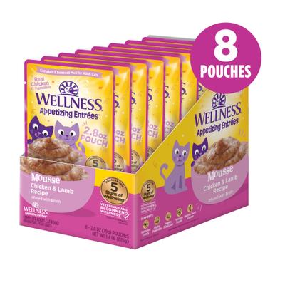 Show full view: Wellness Appetizing Entrees Chicken & Lamb Mousse Wet Cat Food, 2.8-oz pouch, case of 8 slide 3 of 12
