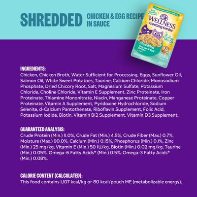 Show full view: Wellness Appetizing Entrees Chicken & Egg Shredded Wet Cat Food, 2.8-oz pouch, case of 8 slide 10 of 12