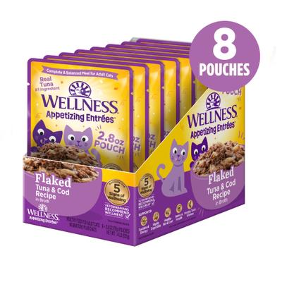 Show full view: Wellness Appetizing Entrees Tuna & Cod Natural Grain-Free Flaked Wet Cat Food, 2.8-oz pouch, case of 8 slide 3 of 12