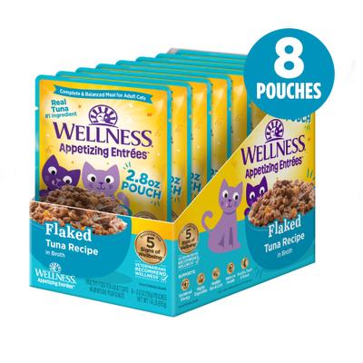 Show full view: Wellness Appetizing Entrees Flaked Tuna Recipe in Broth Natural Wet Cat Food, 2.8-oz pouch, case of 8 slide 3 of 12
