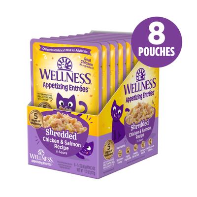 Show full view: Wellness Appetizing Entrees Chicken & Salmon Natural Grain-Free Shredded Wet Cat Food, 1.4-oz pouch, case of 8 slide 3 of 12